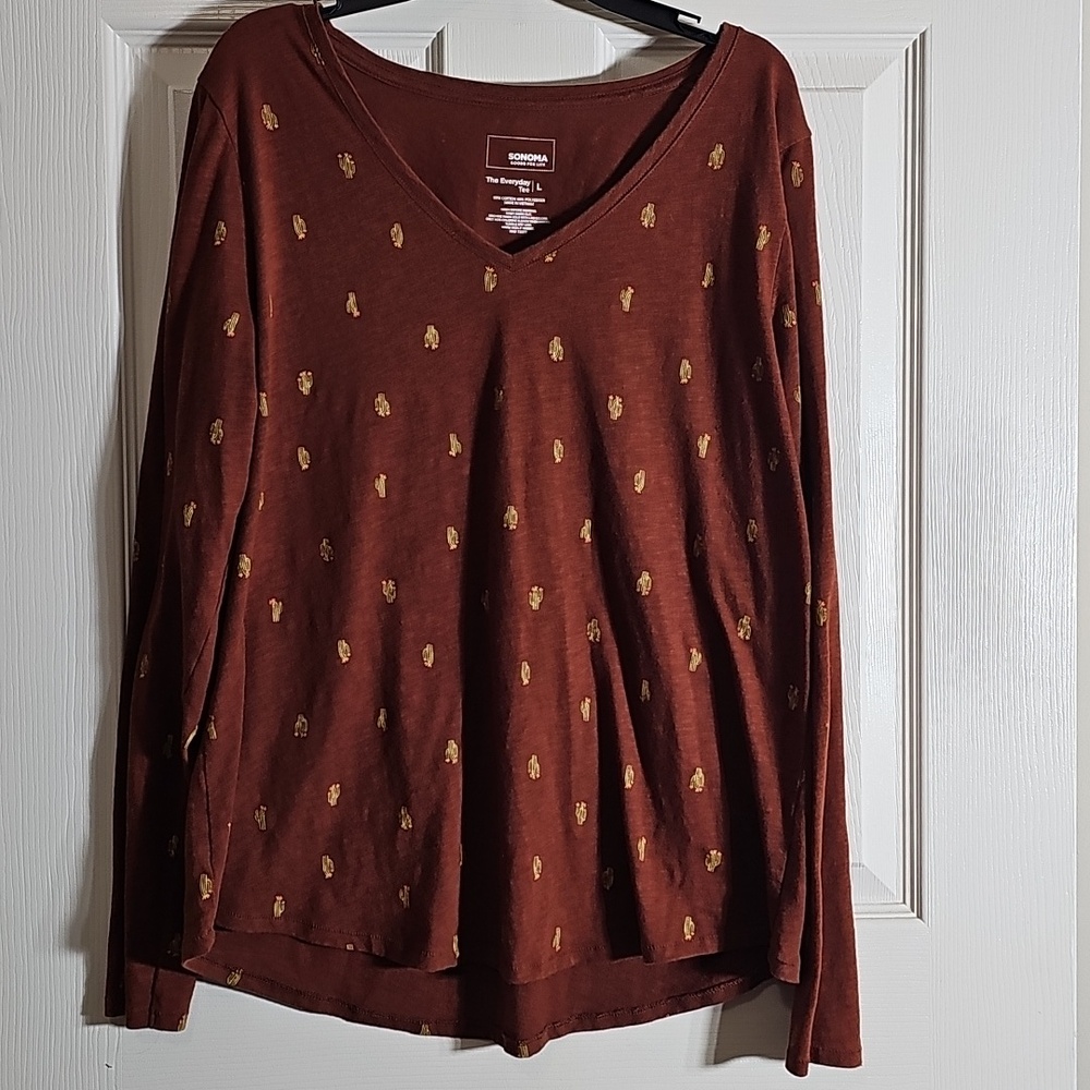 Sonoma Everyday Tee Orange Brown Cactus Long Sleeve V Neck T-shirt Size L - Picture 1 of 5